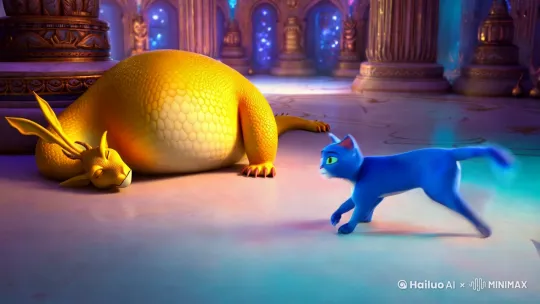 一只蓝色的猫打败着黄色的胖龙 他和奥特曼睡觉呢 by Hailuo AI Video Generator