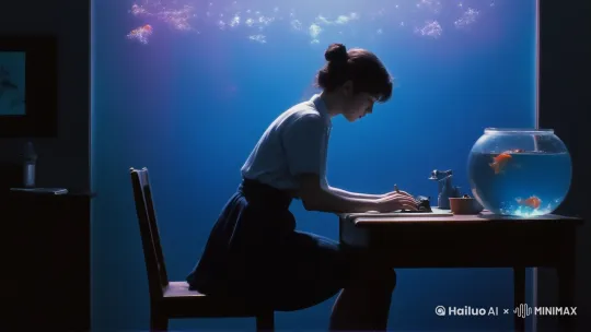 一个穿着短裙的女孩的剪影，坐在桌子旁打字，旁边有一个鱼缸。整体氛围是日本复古色调，混合着梦幻般的蓝色和梦幻般的紫色，给人一种电影般的感觉。 by Hailuo AI Video Generator