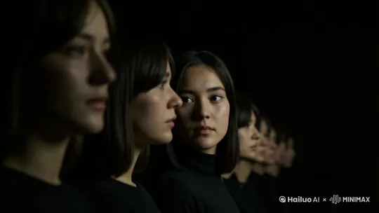 镜头跟随女孩的视线慌张的左顾右盼，定格在正面，所有的脸都和女孩一摸一样，疑惑，频闪，梦核 by Hailuo AI Video Generator