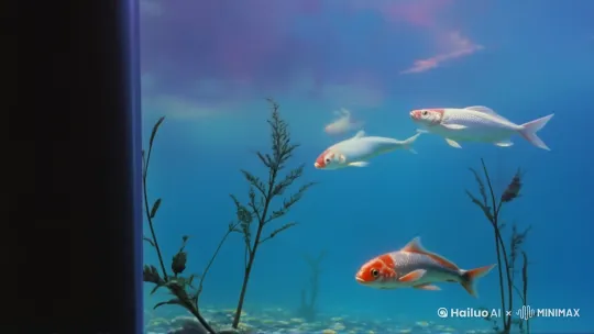 在一个梦幻般的水族馆里，鱼在蓝色和紫色的迷人混合中优雅地游动，唤起了一种宁静的日本电影美学。水清澈见底，反射出柔和的漫射光，在玻璃上投下柔和的阴影。水生植物轻轻摇曳，为场景增添了深度和质感。构图与鱼的特写相平衡，捕捉到它们精致的鳞片和流畅的动作，所有这些都与宁静、空灵的背景相呼应，增强了整体的平静氛围。 by Hailuo AI Video Generator
