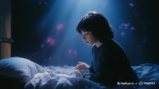 梦幻般的蓝色与紫色的光影流动，女孩慢慢往下躺去，日系电影级别画质 by Hailuo AI Video Generator