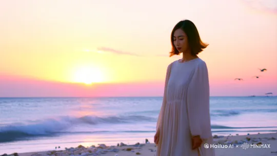 在海边，角色漫步在沙滩上，远方夕阳徐徐落下，天空有彩霞，微风吹拂角色的头发。 by Hailuo AI Video Generator