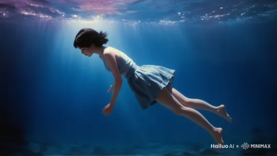 mihuan,urgent,GSL,oilpainting,A young girl with sleek, chin-length hair, clad in a breezy short skirt, dramatically plunges into the glistening sea. She floats gracefully, her body captured in a mid-fall pose, embodying the ethereal beauty of Japanese cinema. The scene is bathed in a mesmerizing blend of dreamy blue and purple hues, casting soft, otherworldly light and shadows that dance across the water's surface, enhancing the overall surreal and cinematic ambiance. The image exudes a high-definition clarity, highlighting the intricate details of the girl's expression and the shimmering texture of the sea. by Hailuo AI Video Generator