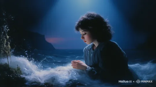 ,A young girl in an elegant, flowing dress lies horizontally, dramatically plunging into the ocean. The scene is captured in a surreal, impressionistic style with vivid blues and greens dominating the palette. The water swirls around her, creating dynamic ripples and splashes, highlighted by soft, diffused sunlight filtering through the waves. Her expression is serene yet intense, eyes closed, hair cascading **** seaweed. The background features a serene seascape with distant cliffs and a sky transitioning from twilight to dusk, adding a moody, atmospheric depth. The image is rendered in ultra-high definition, emphasizing the texture of the water, the details of her dress, and the intricate play of light and shadow. by Hailuo AI Video Generator