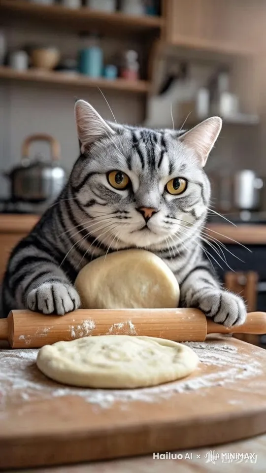 猫咪用双手握着擀面杖用力的前后擀着面饼，镜头固定，背景虚化，突出猫咪的面部表情 by Hailuo AI Video Generator