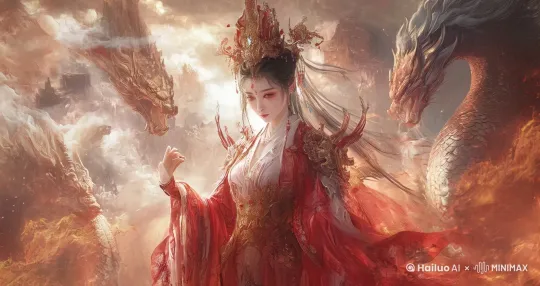 镜头由远及近，妖娆多姿的美女面带玄幻色彩，画面充满东方魔幻色彩 by Hailuo AI Video Generator