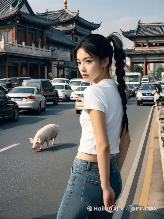 猪突然飞到女孩身前，迅猛直拳，女孩快速闪躲，猪和女孩都使用中国功夫，飞踢连击，贴身擒拿，回旋肘击，弹腿快攻，紧张激烈，武术高手般的暴力打斗场面，打出幻影。 by Hailuo AI Video Generator