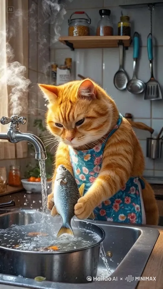 胖橘猫站在厨房水池旁边,系着花布围裙,打开的水笼头哗哗的流着水,低着头看着水池里的鱼,流动的水浇在鱼身上,橘猫用双手抓住鱼来回用力搓洗买回来的鱼,手部动作细节真实,准确,橘猫身后灶台上锅里烧开的水冒着白烟,墙面架子上放着调料,挂着铲子,勺子。3D立体渲染,氛围感,镜头跟踪动作。 by Hailuo AI Video Generator