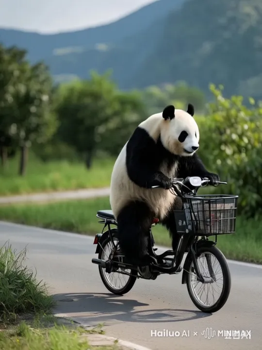 一只熊猫正在上街买菜的路上 by Hailuo AI Video Generator