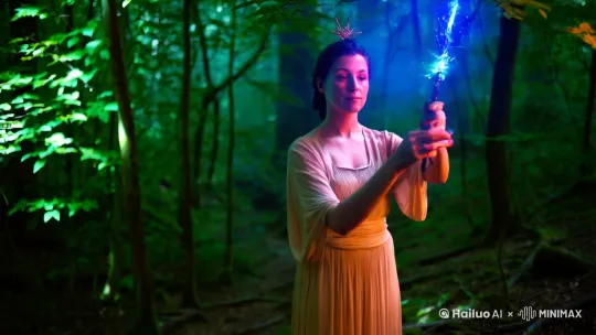 发光森林，一位拿着魔杖的女魔法师。魔杖顶端是蓝色的魔法师。她正在施法 by Hailuo AI Video Generator