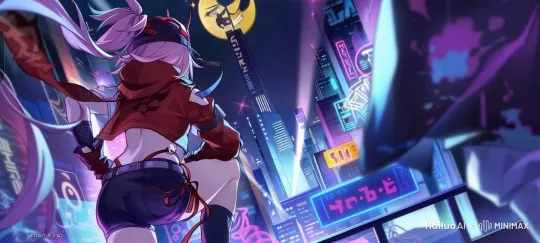 少女的衣服和头发随风摆动，都市的霓虹灯有细节变化，动态 by Hailuo AI Video Generator
