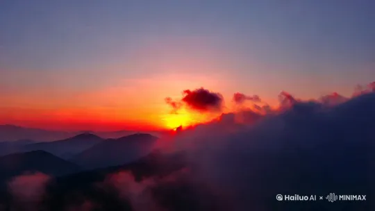 天边的夕阳宛如一位羞涩的少女，红着脸慢慢躲进了远山的怀抱。它的光芒透过层层叠叠的云彩，洒下万道霞光，把天空装点得如诗如画。那色彩由鲜艳的橘红渐变为深沉的紫红，如同打翻了的调色盘。夕阳的余韵映照着大地，给世间万物蒙上了一层神秘的面纱，让人不禁沉醉在这短暂而又绝美的时刻。 by Hailuo AI Video Generator