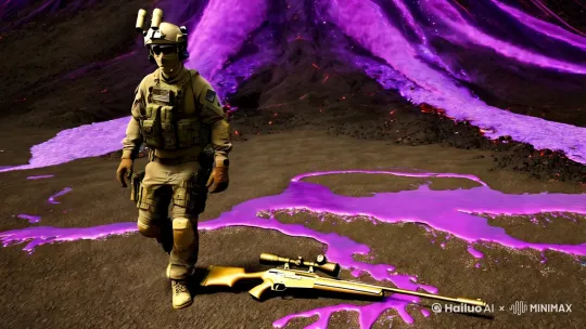 一个特种兵走到一个紫色的火山旁边，在地上发现了一把金色的狙击枪（是巴雷特狙击枪），那把枪枪身上是黄金制成的还有紫色的岩浆熔岩在枪身部分部位流淌，还冒着紫色的电光，然后那个特种兵捡起来那把枪仔细端详着
1.描述的枪的外貌是一把黄金色的巴雷特狙击枪，枪神部分部位还流淌着紫色的熔岩并且冒着微微的紫色的电光，看起来诡异且帅气
2.士兵身穿特种兵军服，头戴特种头盔，带着防恐面罩，眼睛上带着战术热成像仪，全副武装
3.紫色的火山流淌着紫色的有着微弱得紫色电光的熔岩，还冒着热气
4.要求画面真实，写真，不可有卡通画面插入，其他风格等，要求画面真实
 by Hailuo AI Video Generator