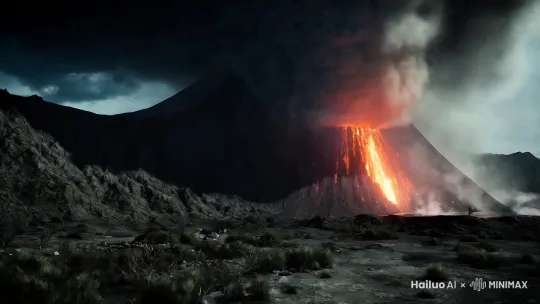 镜头固定，一个巨大的火山突然喷发，无数的岩浆在火山口喷出，向天空中喷去，灾难感 by Hailuo AI Video Generator