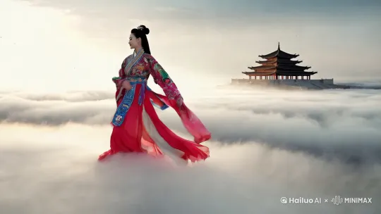 一个身穿红色中国特色的中国女子 在云层上奔跑着 远处天宫若隐若现 by Hailuo AI Video Generator