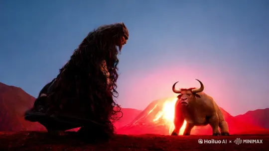 黑山老妖大戰牛魔王 黑山老妖手指一指便把火山炸毀 牛魔王躲開了 全景 近景 火山頂 by Hailuo AI Video Generator