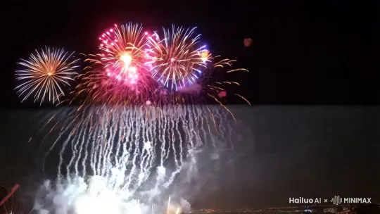 烟花绽放在夜空，五彩缤纷映苍穹。 by Hailuo AI Video Generator