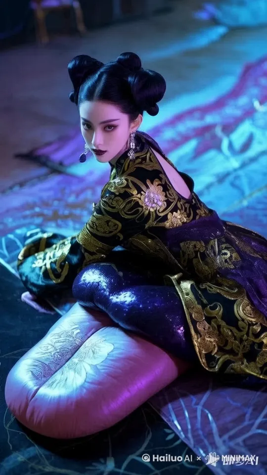 她站起来，低眉顺目，身下的舌头就是她的腿，像蛇一样走路 by Hailuo AI Video Generator