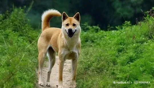 中华田园犬从山上的丛林里，奔跑到山下的湖边 by Hailuo AI Video Generator