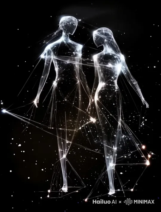 天幕中的双子星座，星星微微闪烁，星星构成的情侣深情相拥相吻 by Hailuo AI Video Generator
