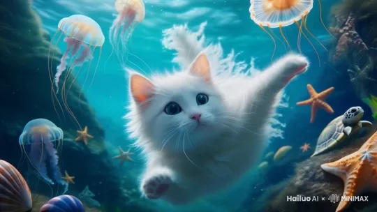 让整个画面动起来，水母、小猫、乌龟互动 by Hailuo AI Video Generator