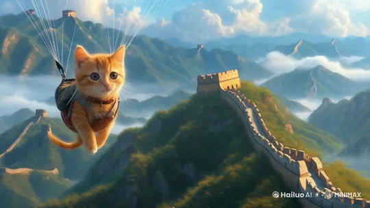 让整个画面动起来，小猫被滑翔伞带着看长城 by Hailuo AI Video Generator