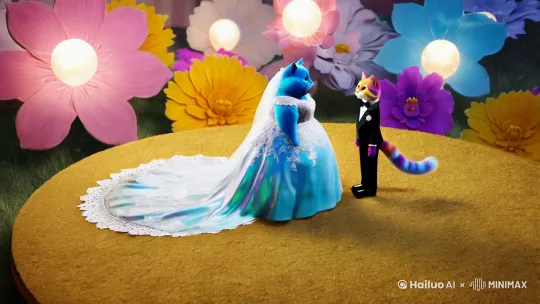 一只蓝色肥胖猫咪穿着婚纱和一只彩色猫咪结婚 by Hailuo AI Video Generator