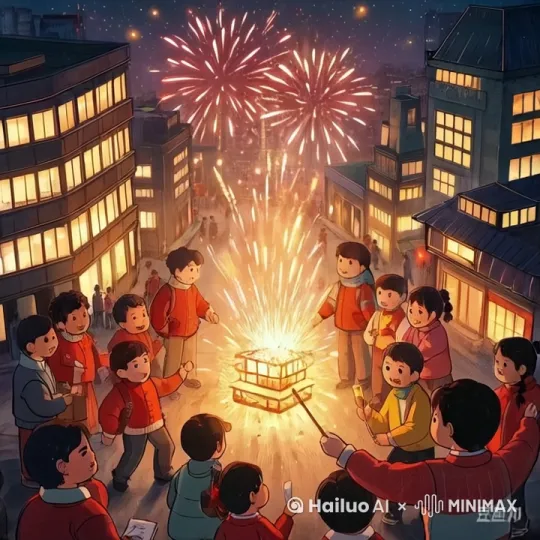 2025年蛇年新年到来，人们一起放鞭炮，一副其乐融融的景象🎉(＾▽＾)🎉 by Hailuo AI Video Generator