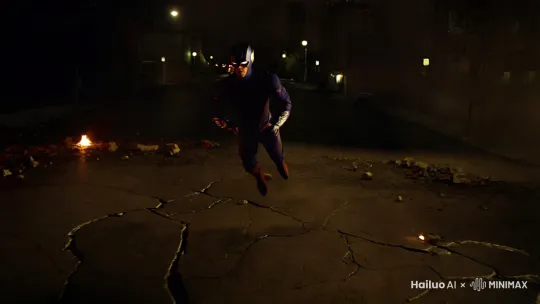 指令分享：(subject) plummets from the sky wearing a superhero costume and lands with explosive force on a shattered street, one knee touching the ground, fist striking the asphalt as debris explosion and flames erupt around. by Hailuo AI Video Generator