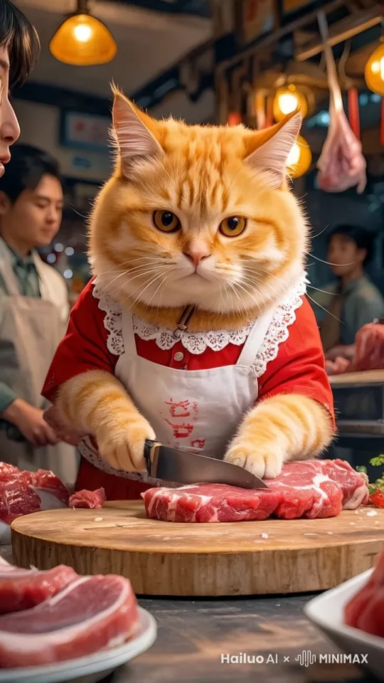 肉摊前，顾客满怀期待地看着橘猫，橘猫则自信地站在案板前，爪子搭在一把锋利的菜刀上。
橘猫眯起眼睛，仔细观察着面前的肉块，似乎在思考从哪里下刀。
它用爪子按住肉块，然后小心翼翼地举起菜刀，准备切割。
菜刀落下，橘猫的表情专注而认真，一块肉被切了下来。
橘猫再次举起菜刀，调整角度，准备切下第二刀。
顾客在一旁紧张又好奇地注视着，脸上表情复杂。
案板上整齐地摆放着切好的肉块，橘猫骄傲地抬起头，像是在等待顾客的称赞。 by Hailuo AI Video Generator