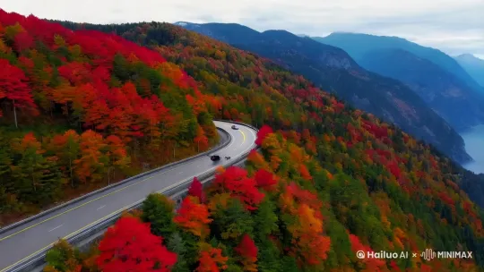 Drone Shot of a Serpentine Mountain Road in Autumn | DJI Mavic 3 Pro, 24mm f/2.8 equivalent lens | Aerial Photography | Soft, overcast lighting | Winding road with colorful autumn foliage, tiny cars as scale markers | Epic and expansive | High resolutio by Hailuo AI Video Generator