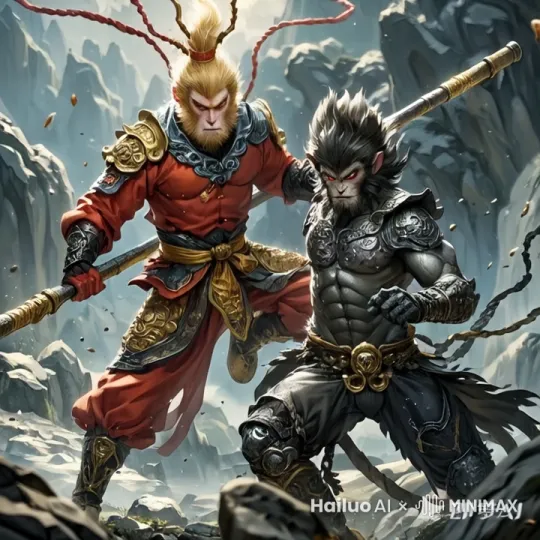 镜头移动，动态跟随，展现一个史诗般的激烈打斗场面。两个人正在进行惊心动魄的中国功夫金箍棒对决，身形矫健，步伐灵活，每一个动作都充满力量与技巧。一人率先发动攻击，手中金箍棒以迅雷不及掩耳之势打向对方，另一人迅速后仰躲避，紧接着回击一套连贯的棍法，棍影重重，棍风呼啸。他们的招式刚柔并济，时而是刚猛的直击，时而是柔美的转身回旋劈。身影交错之间，地面的尘土飞扬而起，镜头动态跟随，从不同角度展现他们激烈的交锋，神仙对决。
 by Hailuo AI Video Generator
