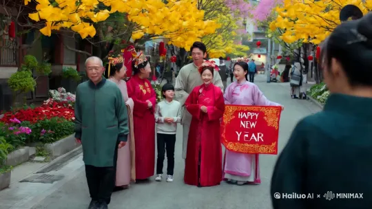 现代老者一男一女，青年一男一女，一个小男孩，新年之际，喜气洋洋，欢欢喜喜，衣着得体，男女汉服，头饰绝美，大师制作服装，在繁花街头，金黄的银杏树，车水马龙，行人来来往往，男青年手拿“新年快乐”条幅，中景，旋转拍摄，拉镜头，电影质感，16k，大师拍摄水平。 by Hailuo AI Video Generator