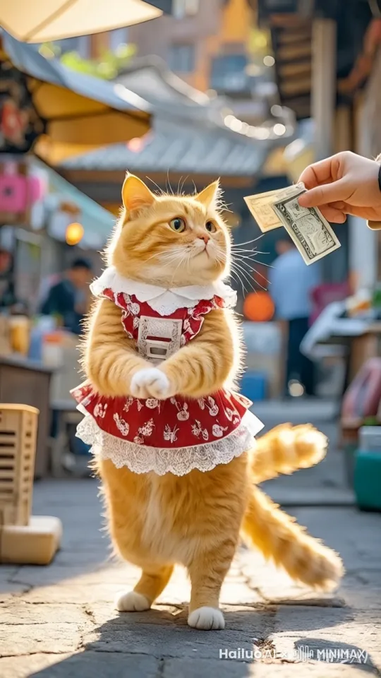 顾客手里拿着几张钞票，微笑着伸向橘猫。 橘猫坐在摊位上，歪着头，好奇地看着顾客手中的钱。 顾客慢慢递过去钞票，示意橘猫收下。 橘猫伸出一只爪子，试探性地碰了碰钞票。 它似乎明白了顾客的意思，用两只爪子把钱接了过来。 橘猫把钱放在身前，眼睛还盯着顾客，像是在表示感谢。极致细节，真实。 by Hailuo AI Video Generator