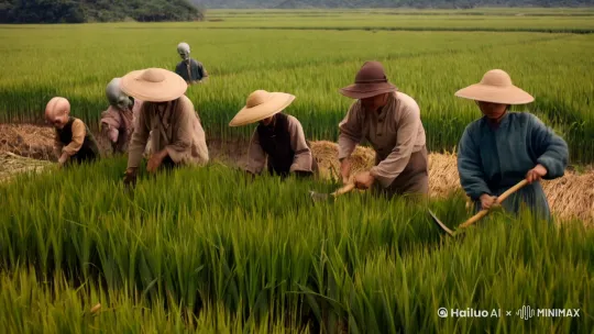 几个外星人和中国六十年代农民一起在田里割水稻，写实风格，逼真 by Hailuo AI Video Generator