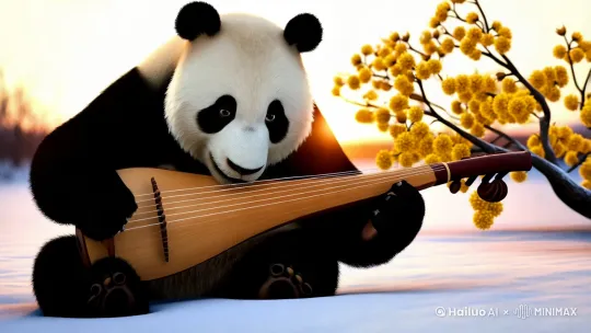 雪中黄色蜡梅树下熊猫弹古琴 by Hailuo AI Video Generator