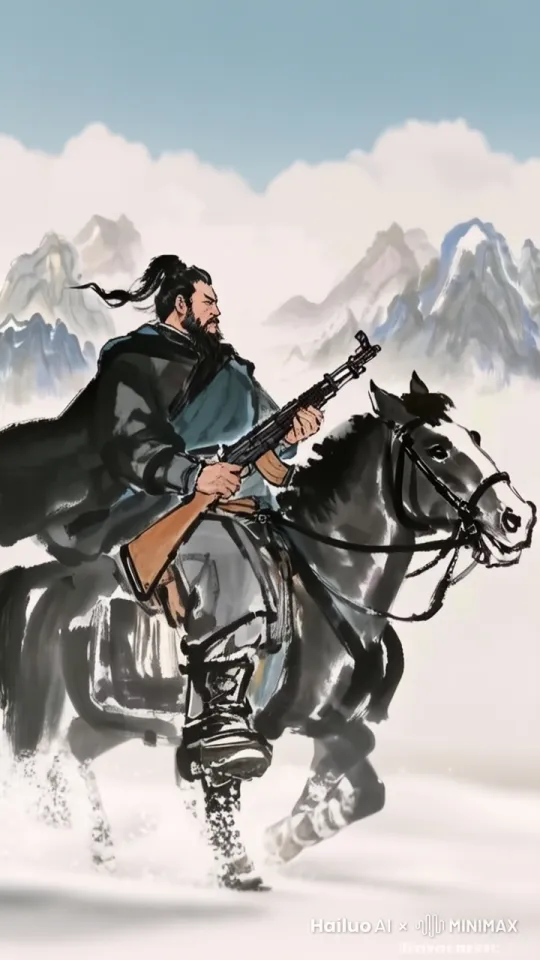 马匹在奔跑，人物拿起手中的枪瞄准后射击 by Hailuo AI Video Generator
