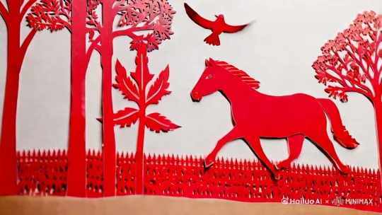 中国农村剪纸画风格，红色剪纸，动画效果，画面中一只剪纸小马跑动，天上飞翔着一只剪纸鸟。 by Hailuo AI Video Generator