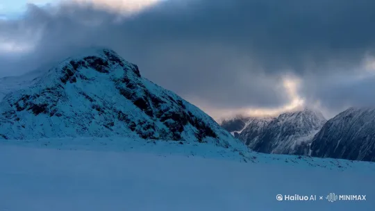 雪山日出，风云变幻。镜头从全景开始，缓慢推进至中景，再逐渐拉回到全景，同时跟随太阳的升起和风云的变化进行适当的左右摇移。 by Hailuo AI Video Generator