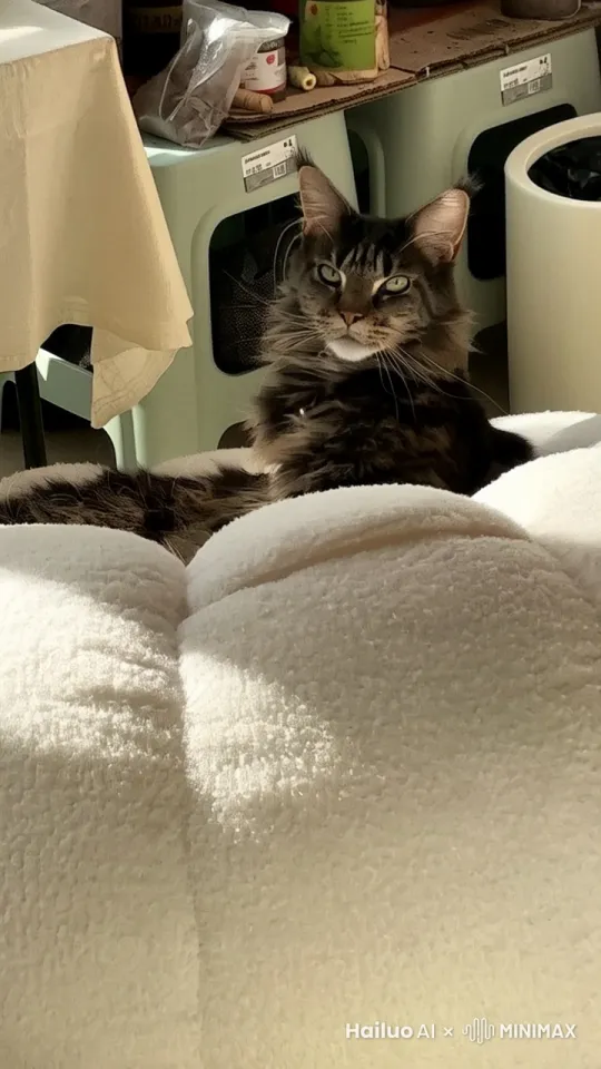 缅因猫长出翅膀在房子里飞了起来 呈现出蝙蝠的翅膀是身体的两背长 翅膀没有毛发 出现棕黑色的斑纹 翅尖有些恶魔般的尖刺 就好像他的小指甲一样 锋利又有杀机 by Hailuo AI Video Generator