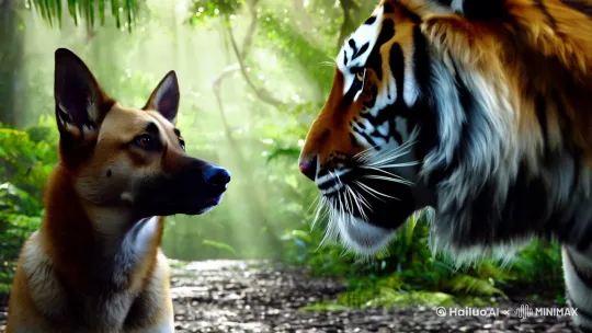 一只猎犬和一头老虎搏斗着，两边从静止变为行动，猎犬一口咬住了老虎的脖子 by Hailuo AI Video Generator