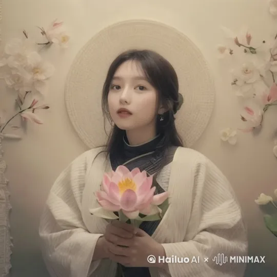 女生左右四顾，回头对着镜头微笑，手中荷花摆动 by Hailuo AI Video Generator