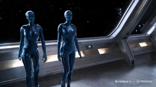硅基人类登上飞船，前往星际中寻找更多资源 by Hailuo AI Video Generator