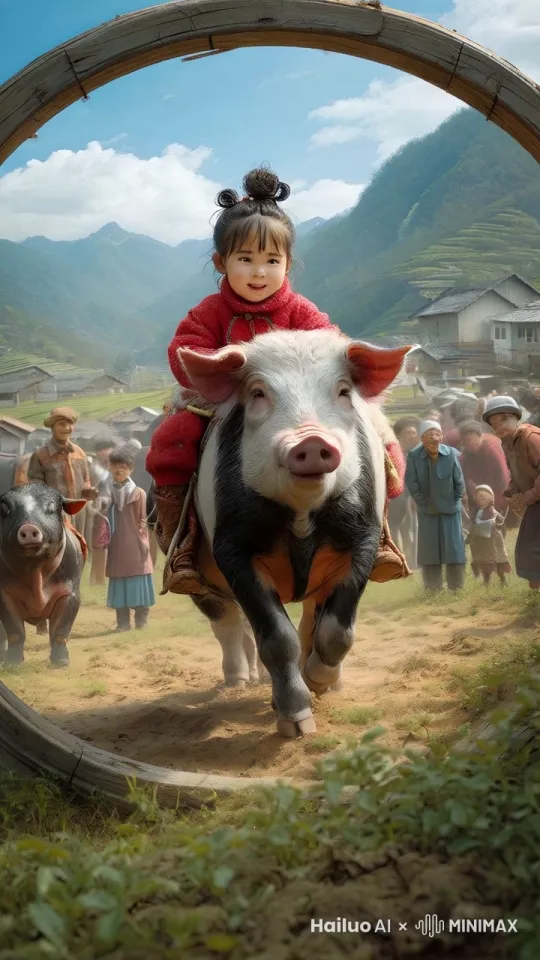 镜头移动，母猪在场地中左右跳跃、上下跳跃、前后跳跃，疯狂跑动，小女孩紧紧骑在母猪身上 by Hailuo AI Video Generator