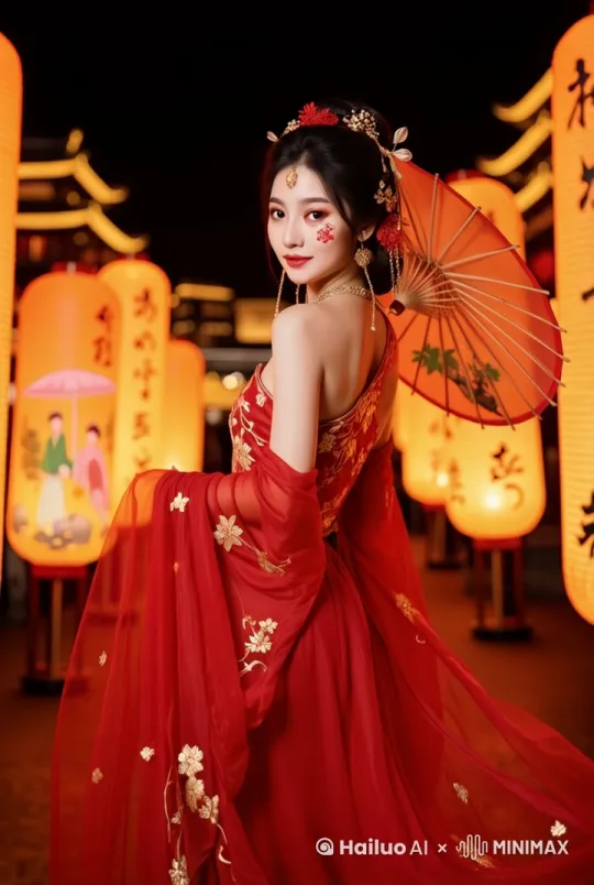 女孩保持姿势转动着红伞，停顿了一会转身面向镜头微笑，推拉镜头由远及近，特写女孩和手中的红伞，两侧的灯笼忽明忽暗，一片红色透明的很模糊的丝绸飘过来 by Hailuo AI Video Generator