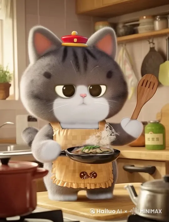 猫咪在厨房做饭 by Hailuo AI Video Generator