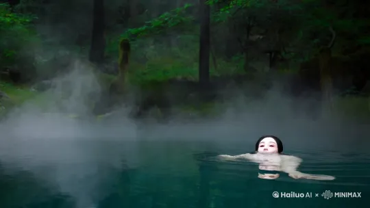镜头一开始平视镜头。一片神秘的森林。一个温泉之中。一个穿着白色衬衫长裙的古代绝色美女。正在池水里水里嬉戏。长着一双杏仁大眼，面色苍白。有着精致的五官。随着镜头继续环绕，从侧面滑过，拉近距离，捕捉到他最美的脸上带着水珠。乌黑的长发梳着复杂的发髻。上面有见简单的发饰点缀、有一部分垂落下来，泡在水里。他如纱似雾的衣袂全都浸泡在水里。高清摄像机下可以捕捉到她玲珑的身材以及衣裙在水中荡漾开的影子。她半躺在水面上。似出水芙蓉好，可以清晰看淡脸上的水珠，身体的周围。有烟雾弥漫，水汽氤氲。这一幕很诱人，很空灵。 by Hailuo AI Video Generator