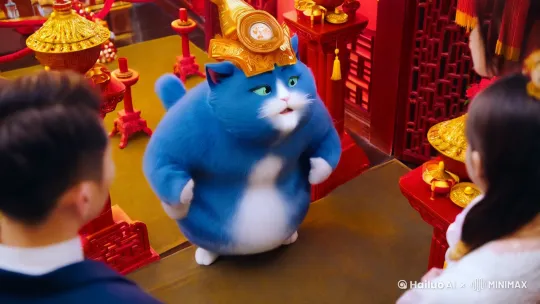 一只蓝色的胖猫人（人和胖猫的结合体）在喜气洋洋的家里说话，快过年的那种家的装饰，显得很有年味，蓝色的胖猫人带着财神帽，像个小财神一样 一边说话，一边对大家作出作揖的手势 by Hailuo AI Video Generator