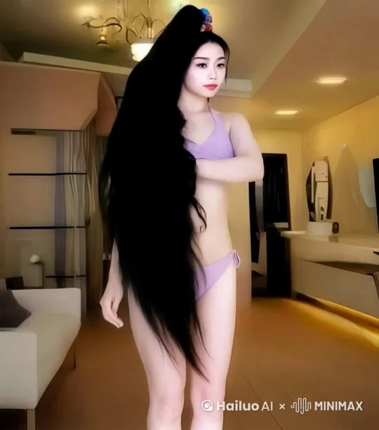 一位年轻美丽的中国女子有着乌黑的长卷发，扎成了高高的马尾辫并覆盖住半边脸，她用手抚摸着自己的高马尾，她身着淡紫色的比基尼，露出了完美的性感身材，长长的高马尾轻轻贴着肉肉的身体 by Hailuo AI Video Generator