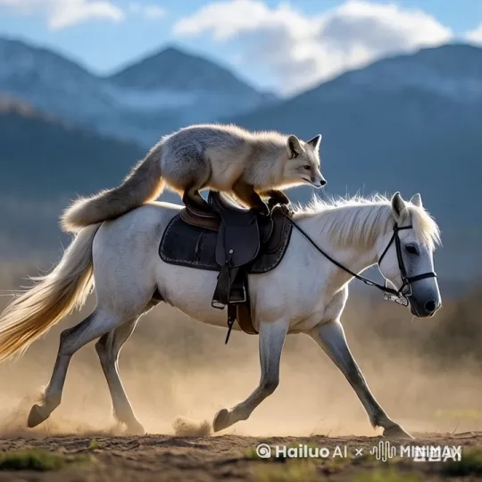 马奔跑起来，尘土飞扬，狐狸尾巴怕打马屁股 by Hailuo AI Video Generator